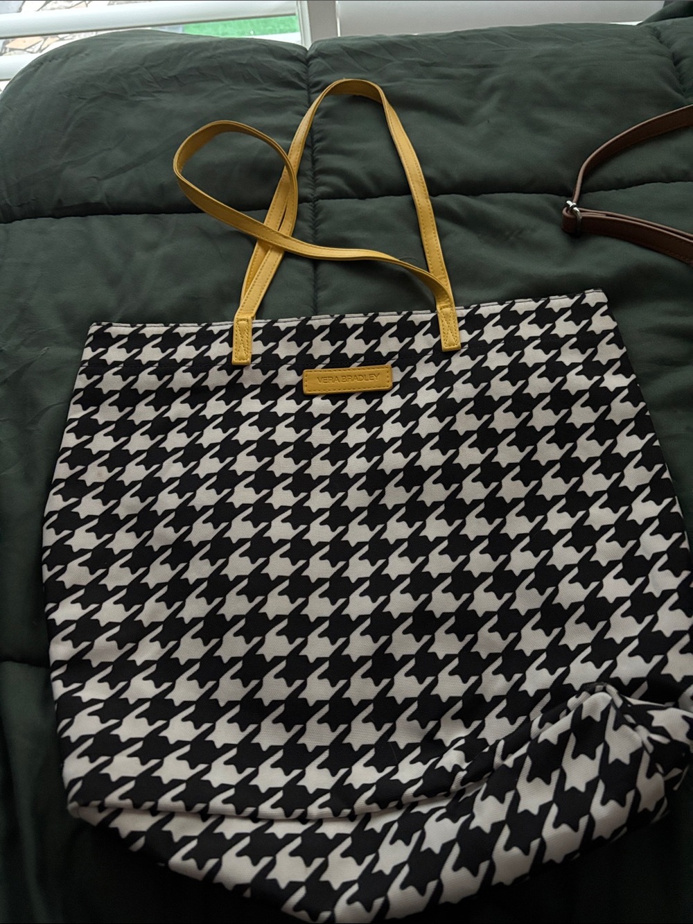 Vera Bradley Black & White Houndstooth Tote with Yellow Handles